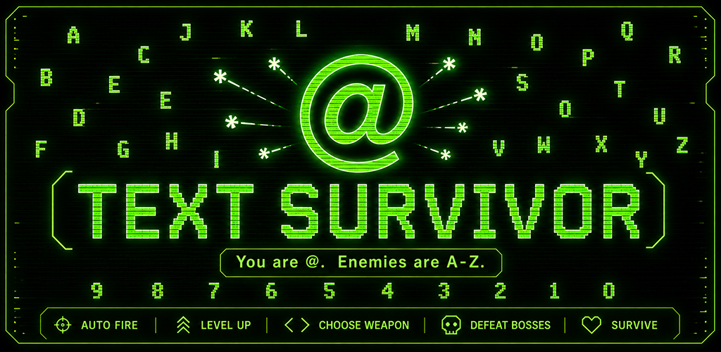 Text Survivor feature graphic with @, A-Z enemies, and survival features.