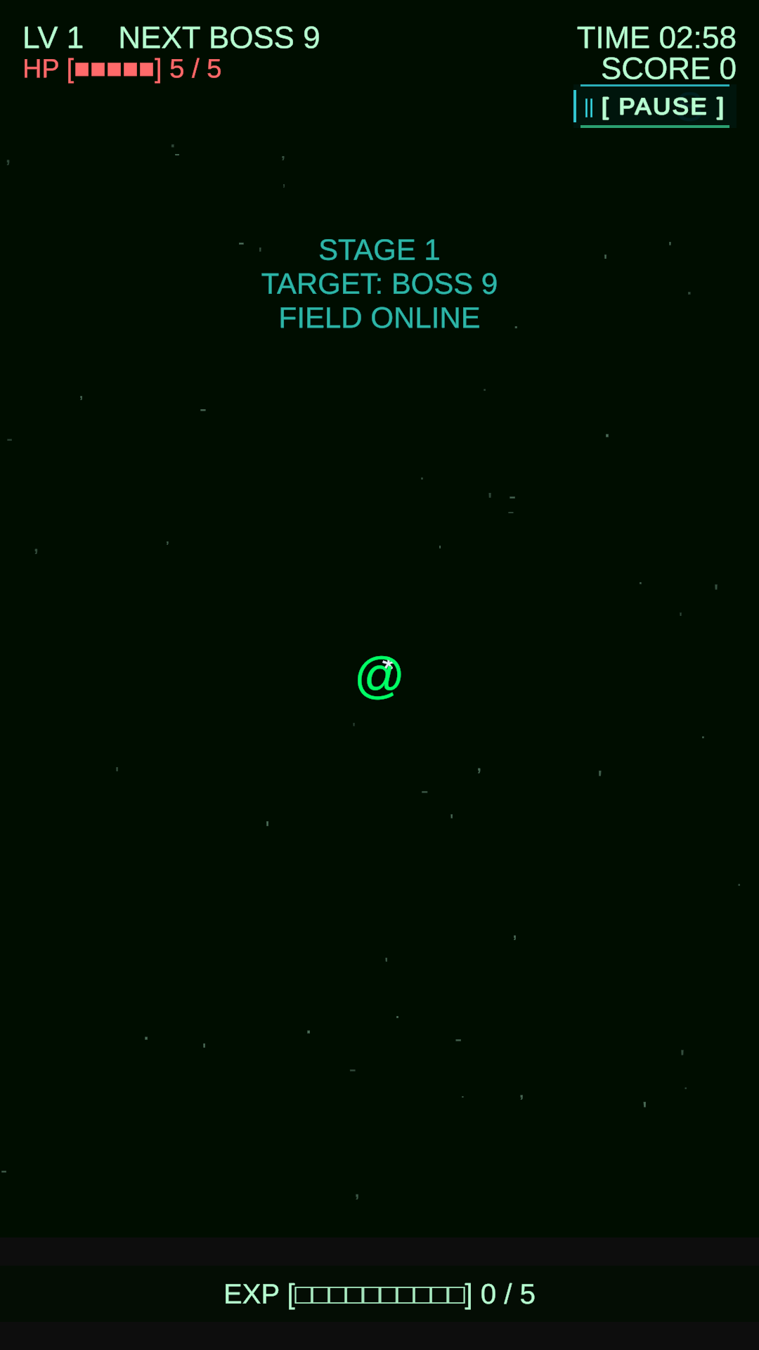 Text Survivor screenshot: stage start with @ in the field.