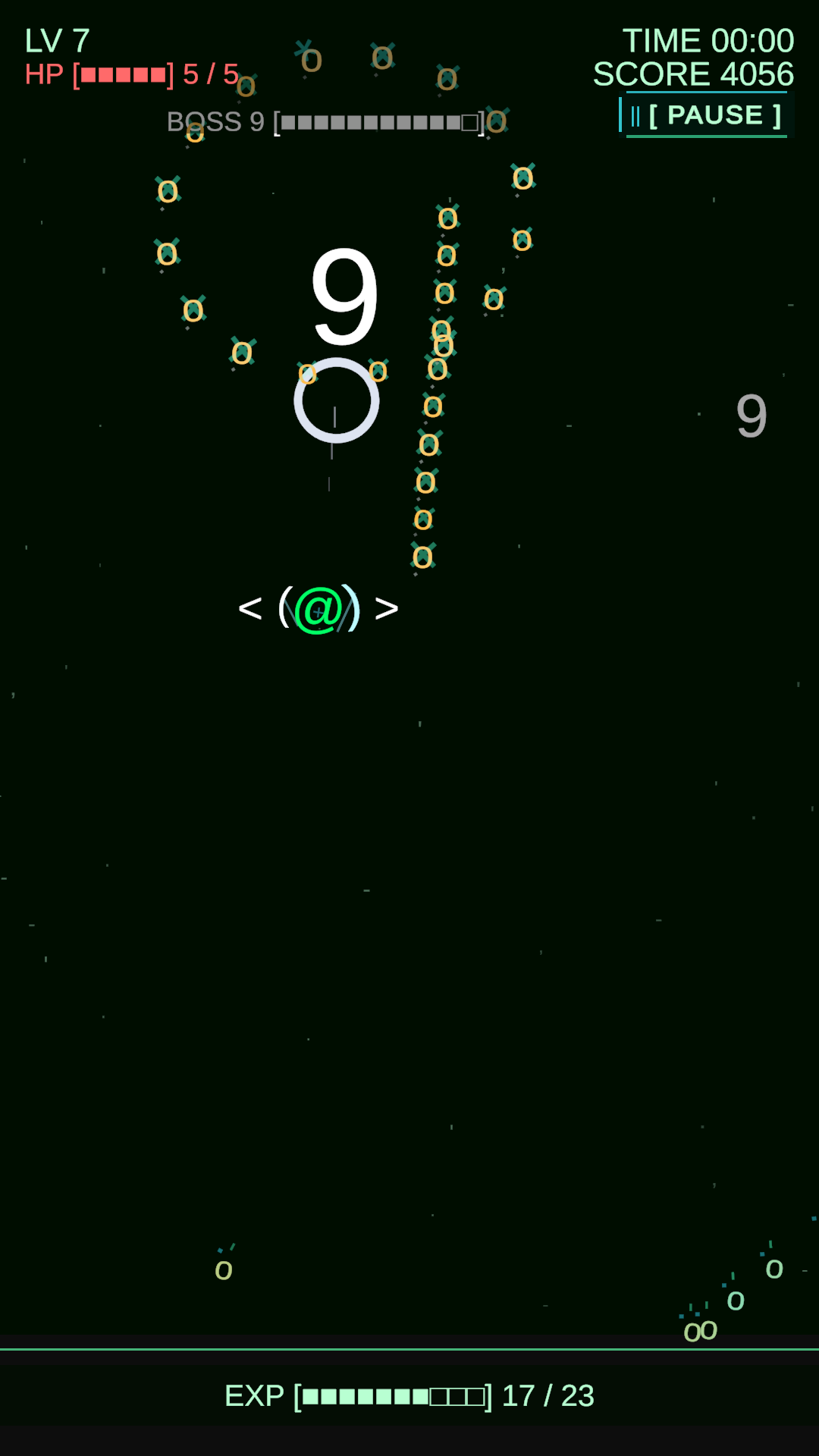 Text Survivor screenshot: Boss 9 and letter enemies.