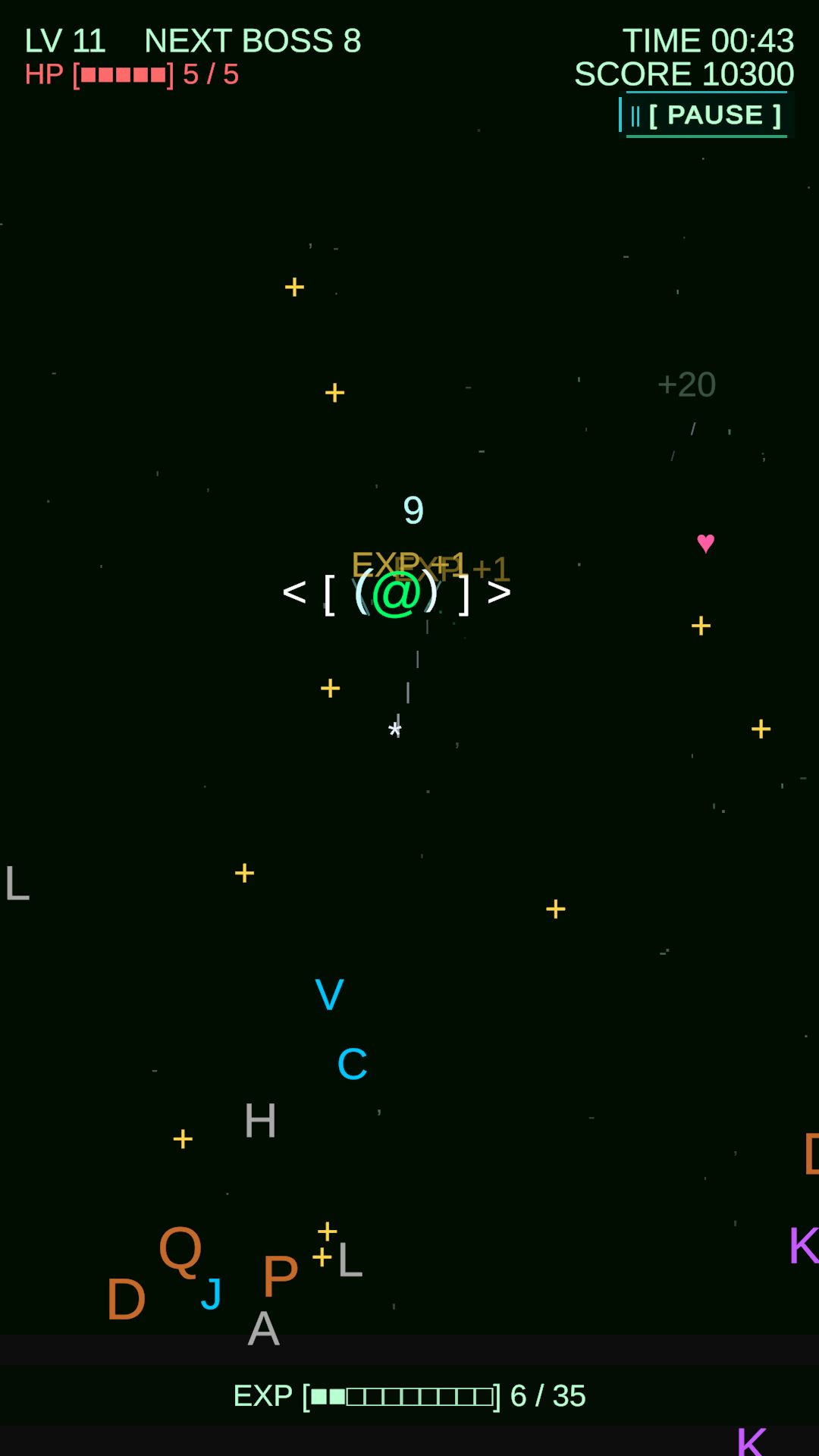 Text Survivor screenshot: upgraded @ fighting letter enemies.
