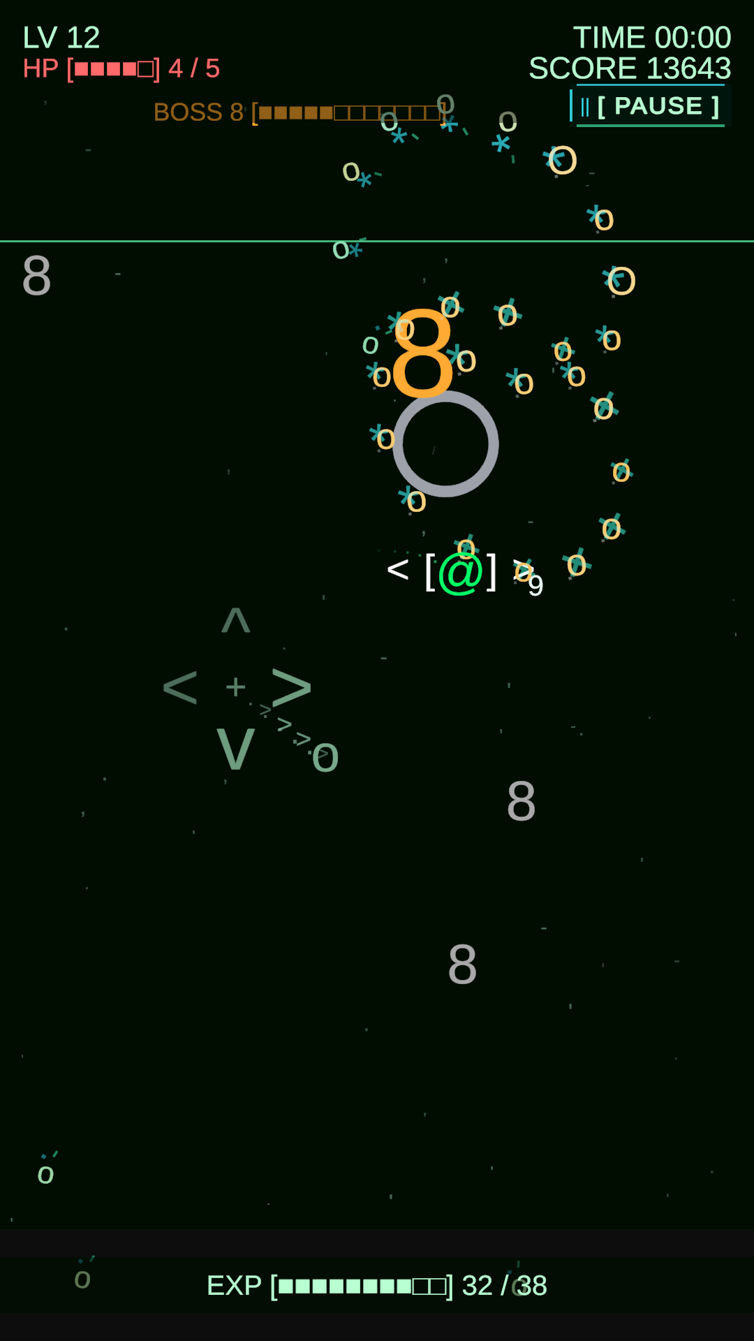 Text Survivor screenshot: Boss 8 surrounded by symbol attacks.