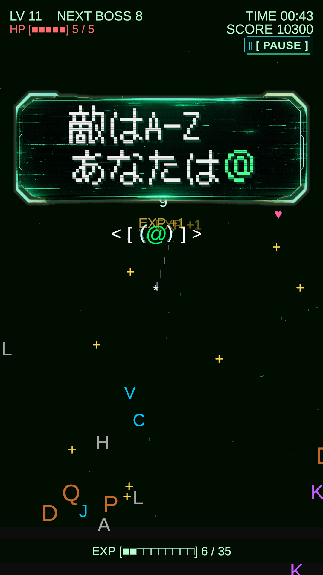 Text Survivor screenshot: enemies are A-Z and the player is @.
