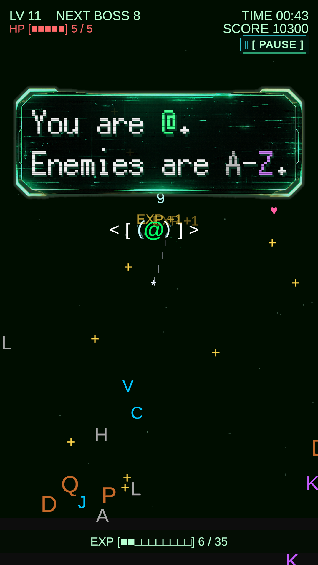 Text Survivor screenshot: enemies are A-Z and the player is @.