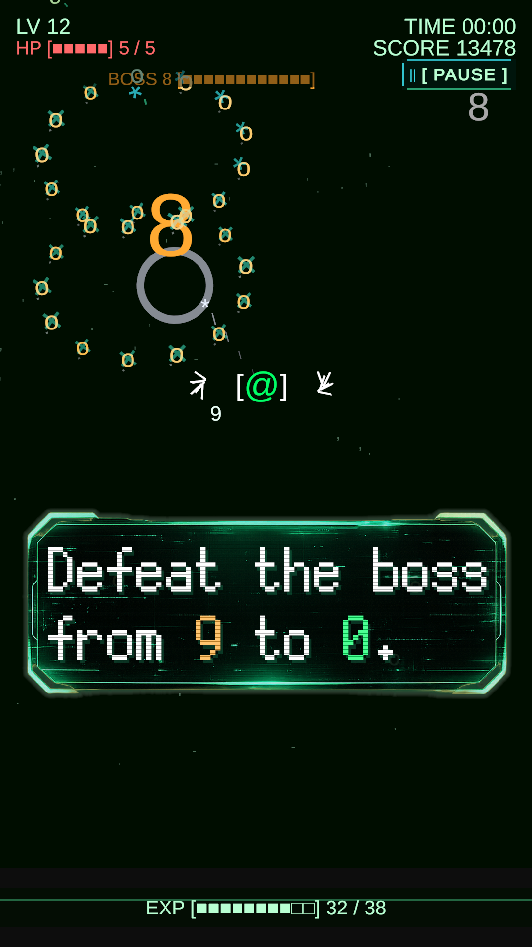 Text Survivor screenshot: defeat numbered bosses from 9 to 0.