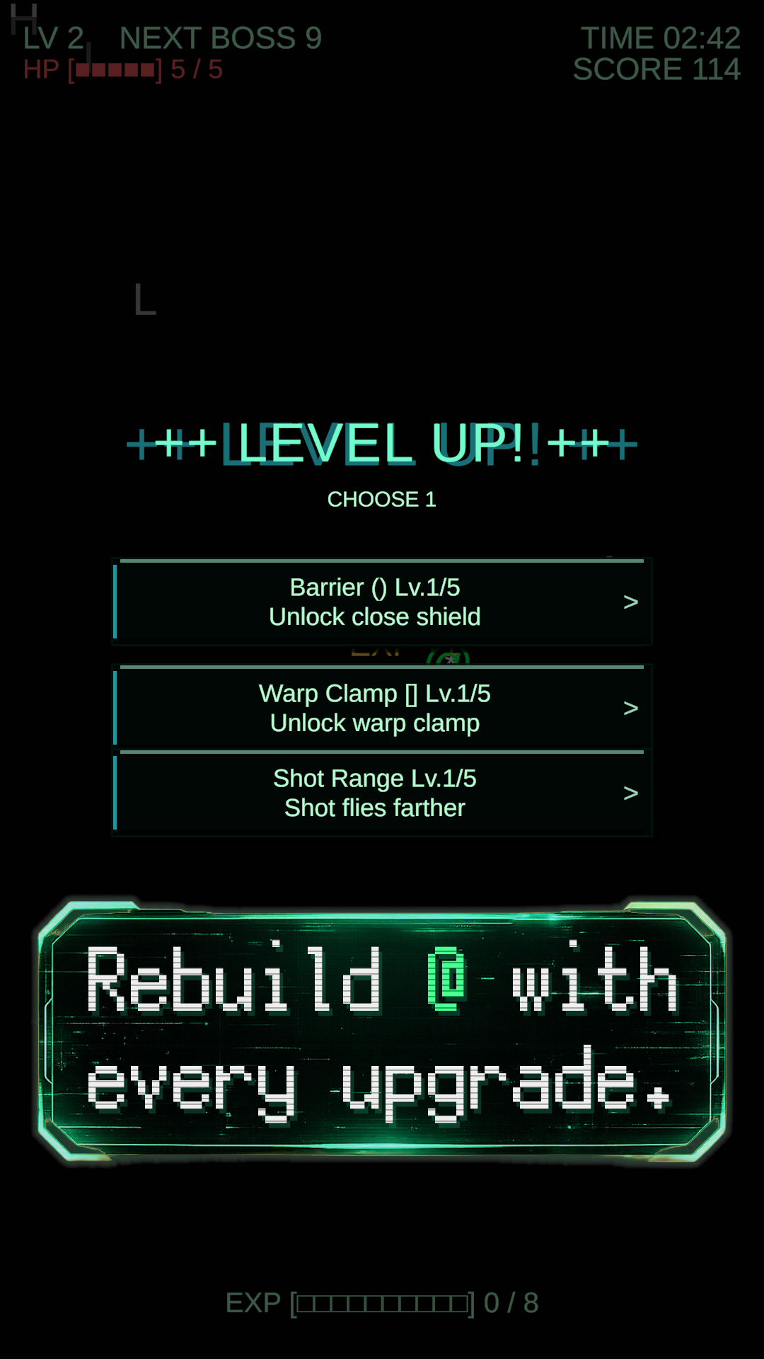 Text Survivor screenshot: choose upgrades to rebuild @.